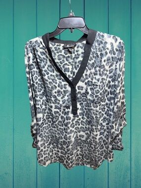 AB Studio Black and Gray Leopard Print V-Neck Button Blouse
